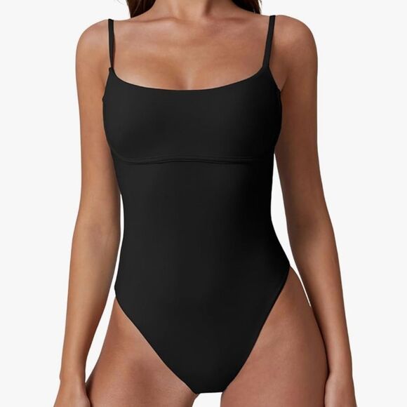 QINSEN Seamed Cup Spaghetti Straps One Piece Tummy Control Cheeky Swimsuit NWT - Picture 1 of 6